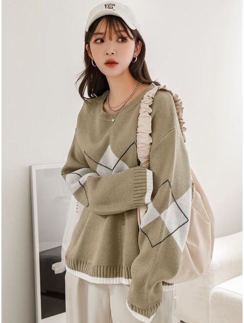 DAZY Argyle Pattern Drop Shoulder Sweater