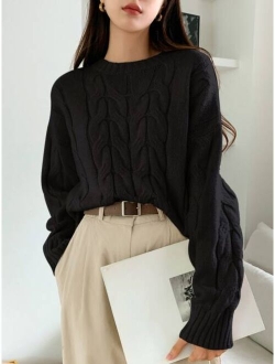 Solid Cable Knit Drop Shoulder Sweater