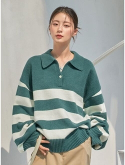 Less Color Block Polo Neck Drop Shoulder Sweater