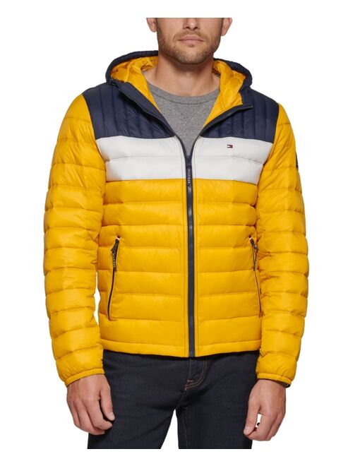 TOMMY HILFIGER Men's Quilted Color Blocked Hooded Puffer Jacket