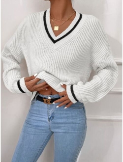 Striped Trim Drop Shoulder Cricket Sweater