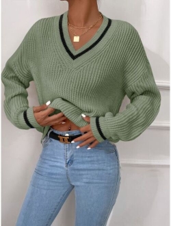 Striped Trim Drop Shoulder Cricket Sweater