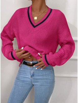 Striped Trim Drop Shoulder Cricket Sweater