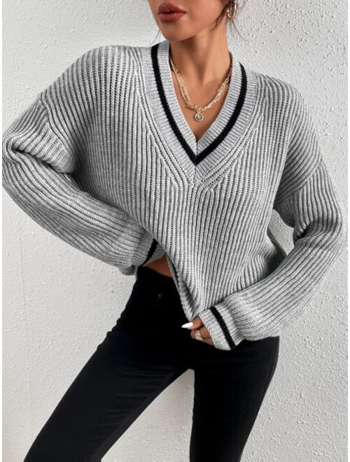 Shein Striped Trim Drop Shoulder Cricket Sweater