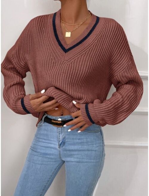 Shein Striped Trim Drop Shoulder Cricket Sweater