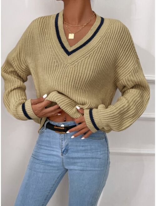 Shein Striped Trim Drop Shoulder Cricket Sweater