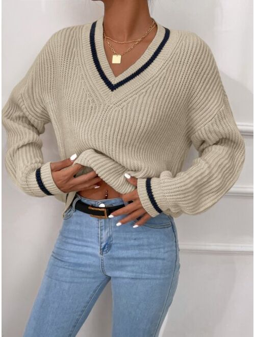 Shein Striped Trim Drop Shoulder Cricket Sweater