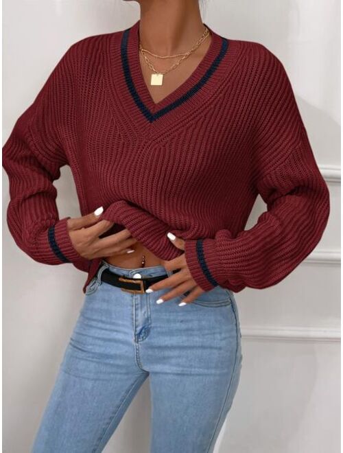 Shein Striped Trim Drop Shoulder Cricket Sweater