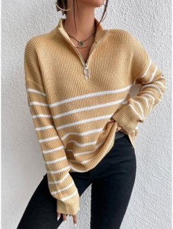 Striped Drop Shoulder Zipper Front Sweater