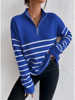 Striped Drop Shoulder Zipper Front Sweater