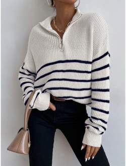 Striped Drop Shoulder Zipper Front Sweater