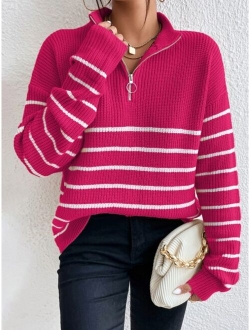 Striped Drop Shoulder Zipper Front Sweater