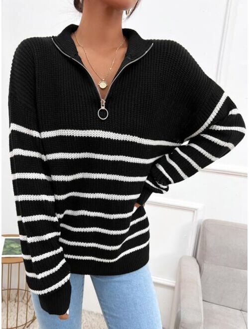 Shein Striped Drop Shoulder Zipper Front Sweater