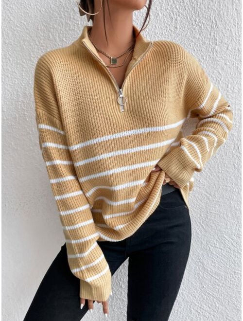 Shein Striped Drop Shoulder Zipper Front Sweater