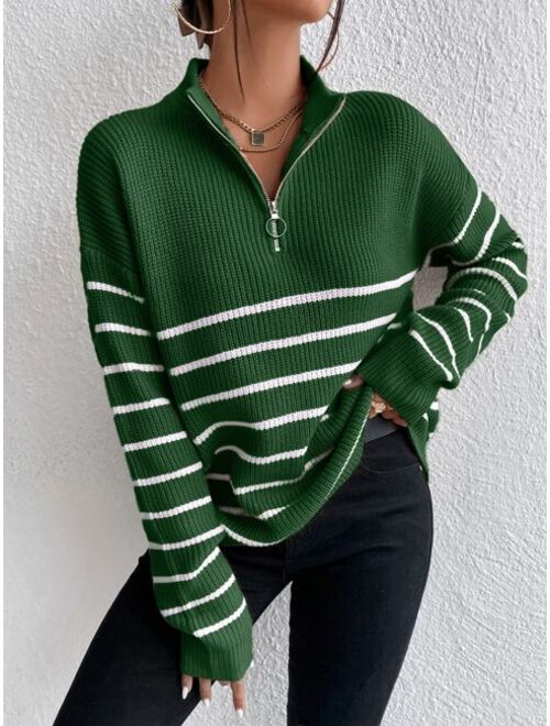 Shein Striped Drop Shoulder Zipper Front Sweater