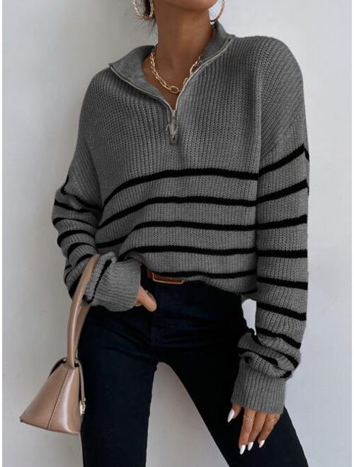 Shein Striped Drop Shoulder Zipper Front Sweater