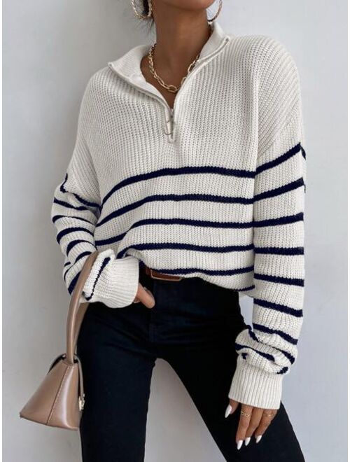 Shein Striped Drop Shoulder Zipper Front Sweater