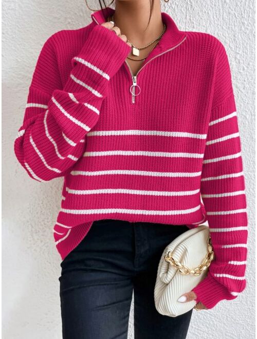 Shein Striped Drop Shoulder Zipper Front Sweater