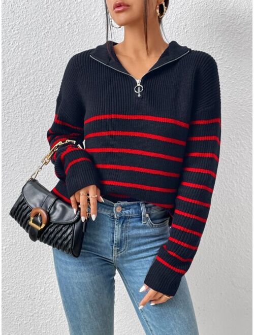 Shein Striped Drop Shoulder Zipper Front Sweater