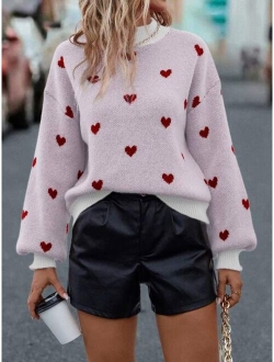 Heart Pattern Mock Neck Drop Shoulder Sweater