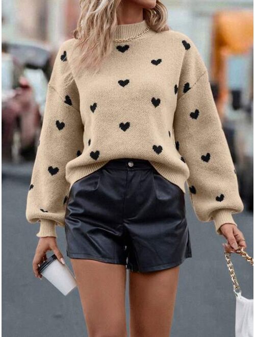 Shein Heart Pattern Mock Neck Drop Shoulder Sweater