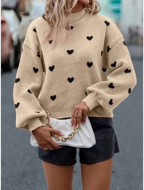 Shein Heart Pattern Mock Neck Drop Shoulder Sweater