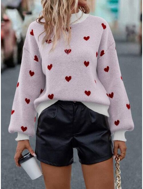 Shein Heart Pattern Mock Neck Drop Shoulder Sweater