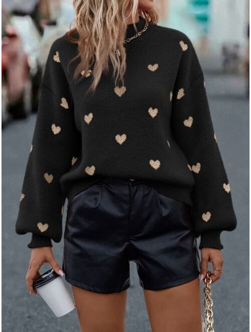 Shein Heart Pattern Mock Neck Drop Shoulder Sweater