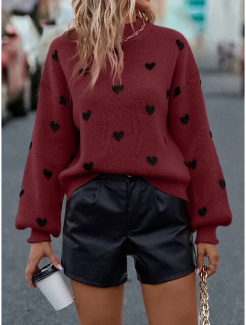 Shein Heart Pattern Mock Neck Drop Shoulder Sweater