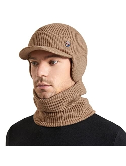 Muryobao Mens Winter Visor Beanie Hat Scarf Set Warm Knit Earflaps Fleece Lined Winter Outdoor Cap with Neck Warmer