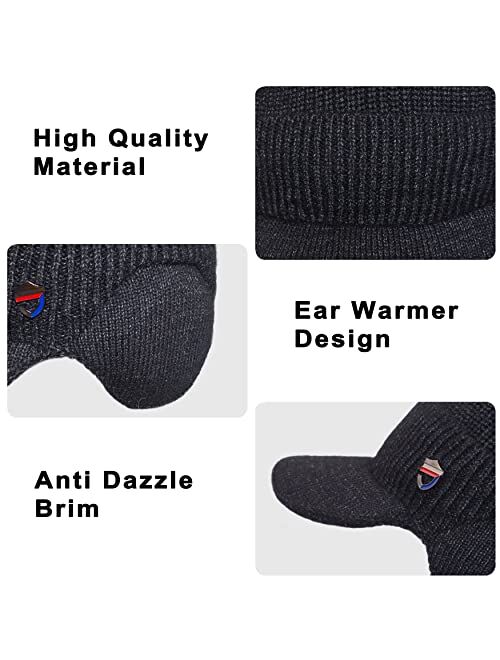 Muryobao Mens Winter Visor Beanie Hat Scarf Set Warm Knit Earflaps Fleece Lined Winter Outdoor Cap with Neck Warmer