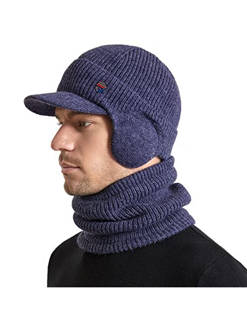 Muryobao Mens Winter Visor Beanie Hat Scarf Set Warm Knit Earflaps Fleece Lined Winter Outdoor Cap with Neck Warmer