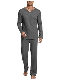 Men's Pj Sets Long Sleeve Pajamas Set Sleepwear 2 Piece V Neck Pajama Loungewear Sets Soft S-XXL