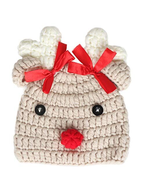 Ypser Infant Baby Knitted Beanie Photo Prop Crochet Knit Cap Christmas Cap Deer Hat with Bow