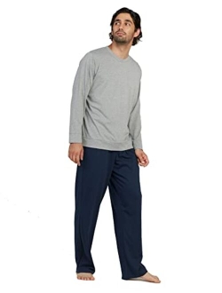 Men's Soft Knit Pajama Set Comfy Sleep Lounge Set Solid Sleepwear PJ Tops Bottoms with Pockets M100