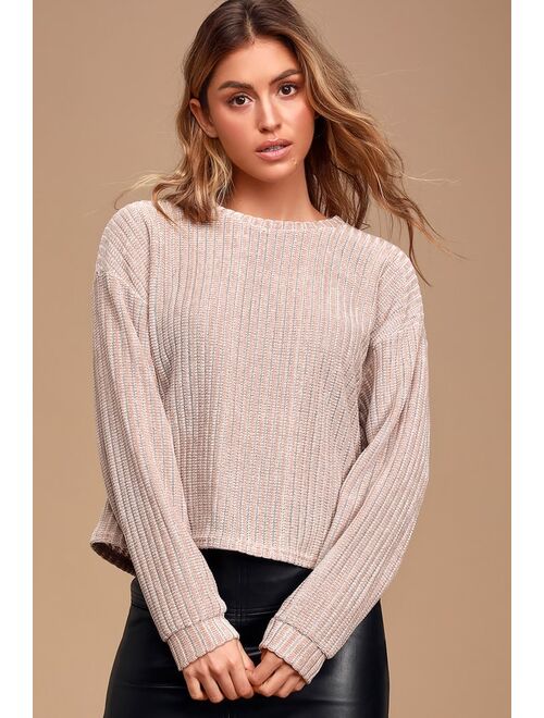 Lulus Weekend Ready Taupe Chenille Striped Sweater Top