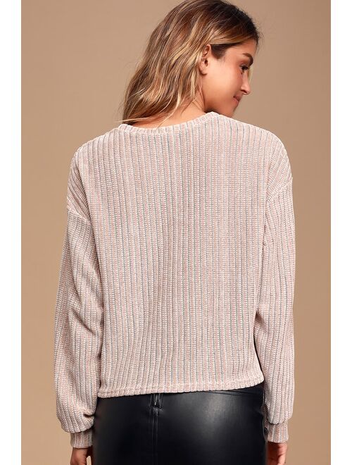 Lulus Weekend Ready Taupe Chenille Striped Sweater Top