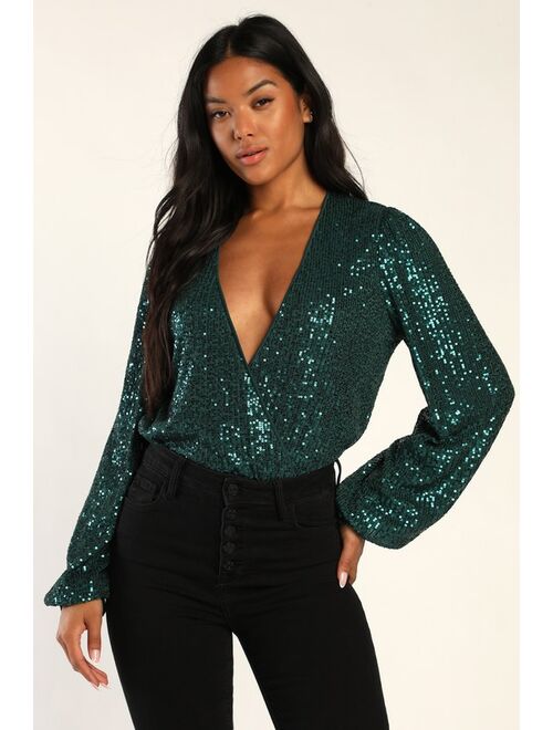 Lulus Never Ending Glam Emerald Green Sequin Surplice Bodysuit