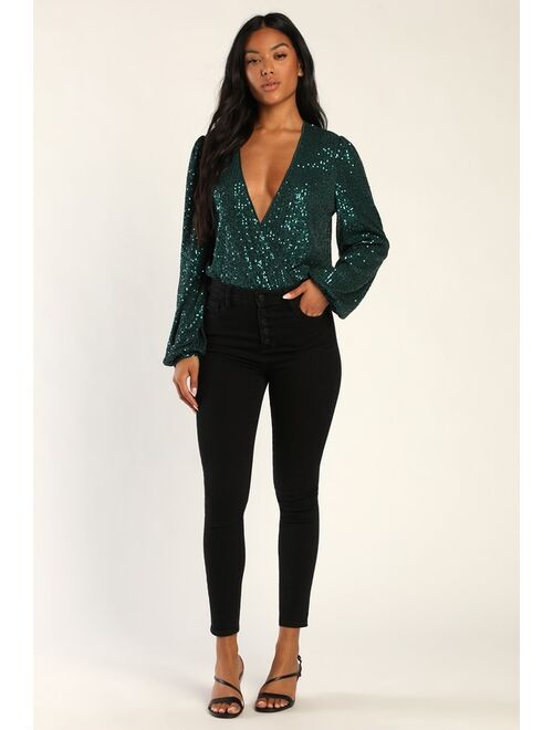 Lulus Never Ending Glam Emerald Green Sequin Surplice Bodysuit