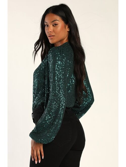 Lulus Never Ending Glam Emerald Green Sequin Surplice Bodysuit