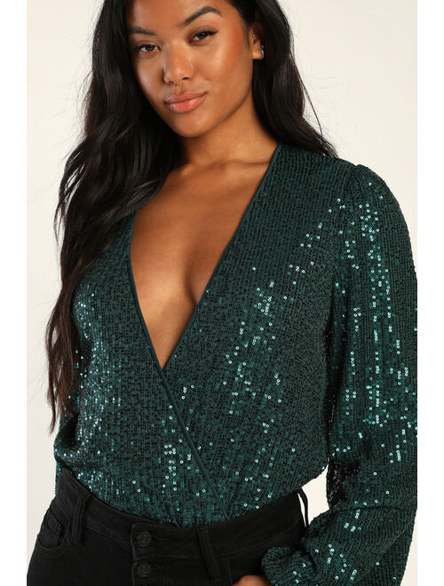 Lulus Never Ending Glam Emerald Green Sequin Surplice Bodysuit