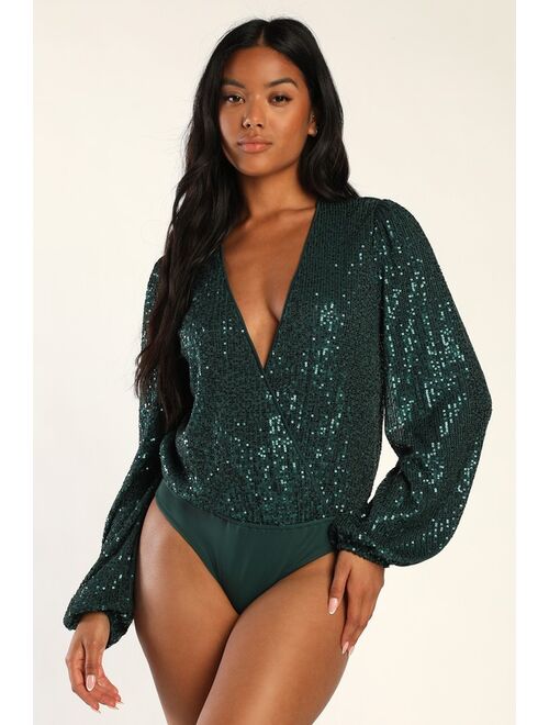 Lulus Never Ending Glam Emerald Green Sequin Surplice Bodysuit