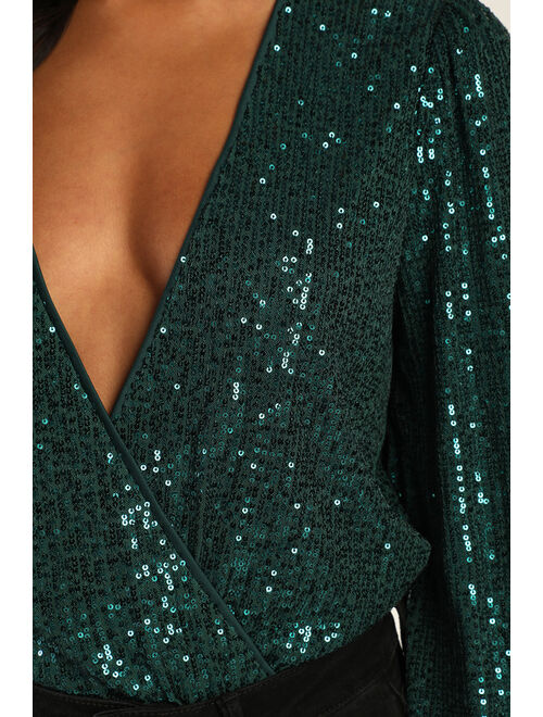 Lulus Never Ending Glam Emerald Green Sequin Surplice Bodysuit