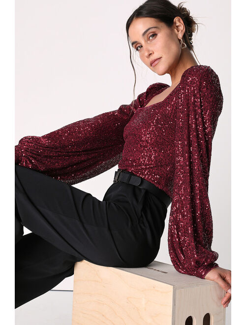 Lulus Stay Shining Burgundy Sequin Square Neck Long Sleeve Top