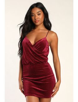 Perfect Nights Burgundy Sparkly Velvet Surplice Mini Dress