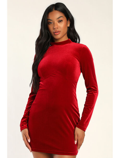 Lulus Sensationally Stunning Red Velvet Cutout Long Sleeve Mini Dress