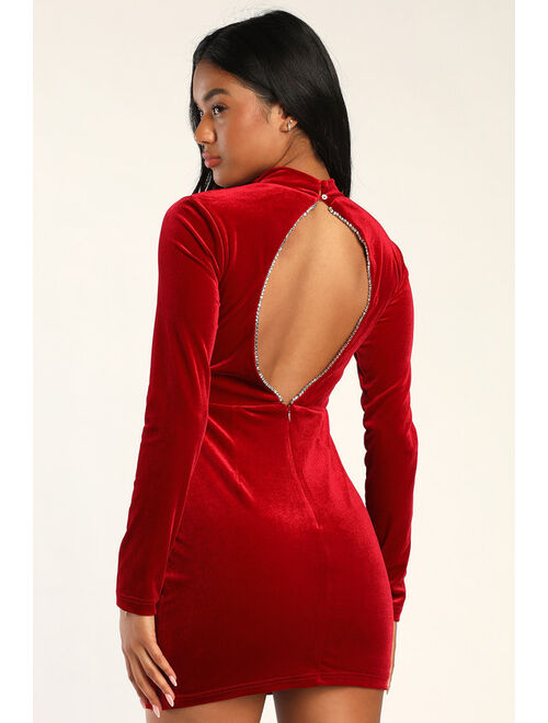 Lulus Sensationally Stunning Red Velvet Cutout Long Sleeve Mini Dress