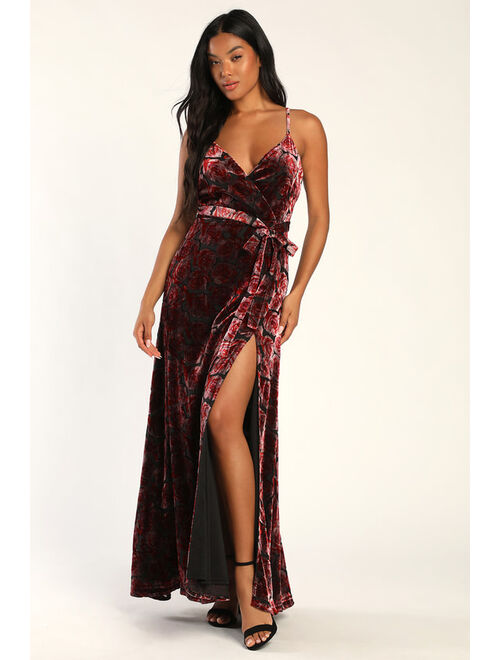 Lulus Pretty Companion Mauve and Red Floral Velvet Burnout Maxi Dress