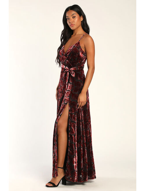 Lulus Pretty Companion Mauve and Red Floral Velvet Burnout Maxi Dress