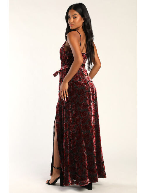 Lulus Pretty Companion Mauve and Red Floral Velvet Burnout Maxi Dress